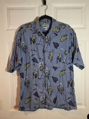 Untied Blue Palm Print Short-Sleeve Cotton Button Up Shirt M